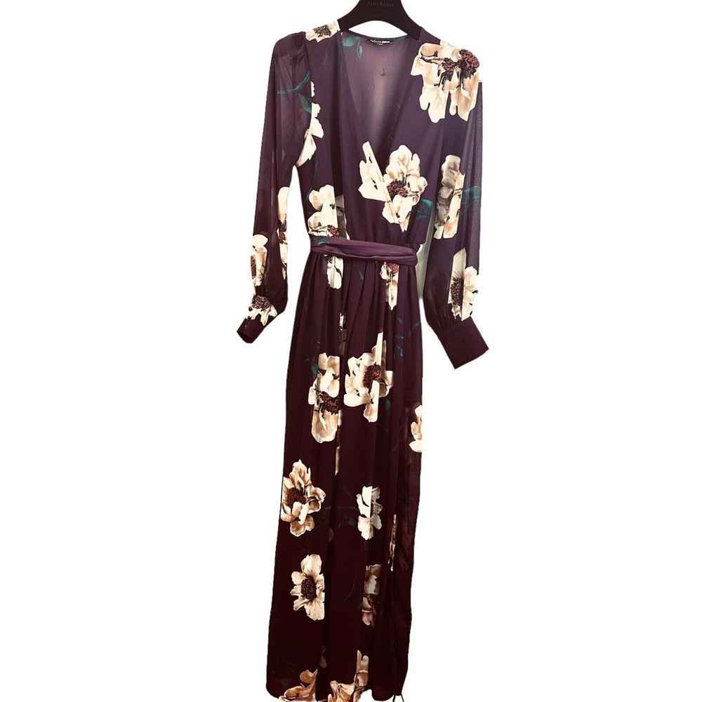 Fashion Nova Maxi Dress M Park Ave Floral Surplice V Neck Plum Purple Split Hem